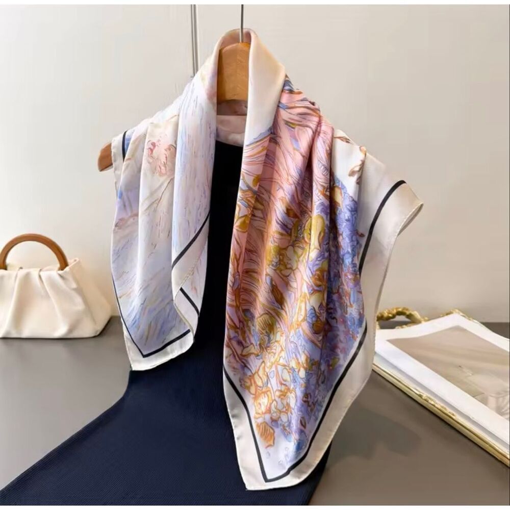 Luxury Elegant Floral Print Square Scarf 27x27” Pastel Blue Pink Lightweight